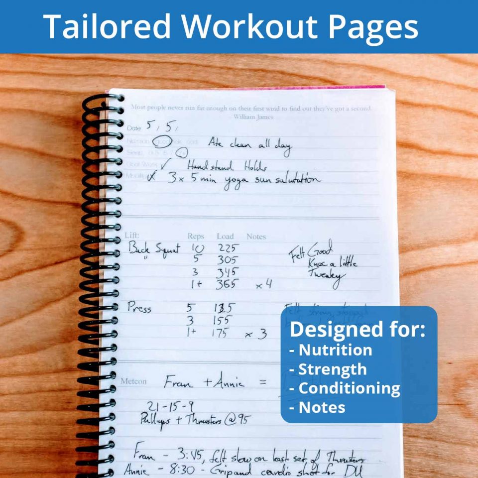 Tailored fitness journal workout pages are built for nutrition, strength, conditioning and note taking