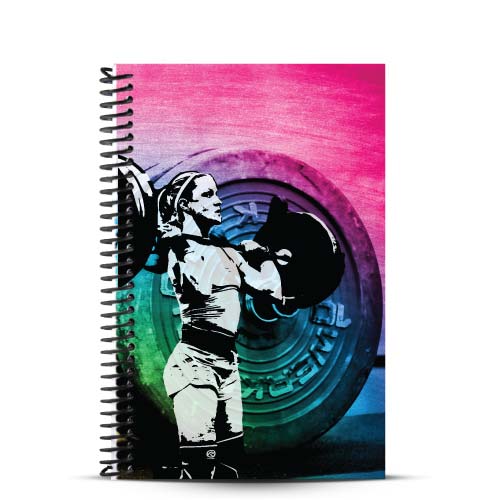 Girls Who Lift rainbow weightlifting journal with barbell and clipart