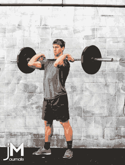 This is a gif animated image of an athlete performing a barbell thruster