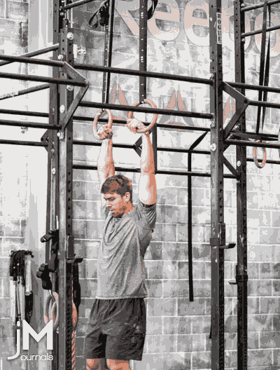 This is a gif animated image of an athlete performing a kipping muscle-up