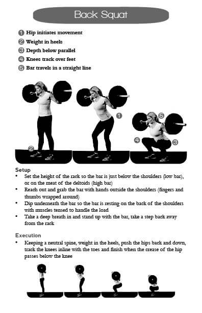 High Bar Back Squat journal page with setup, technique and execution details