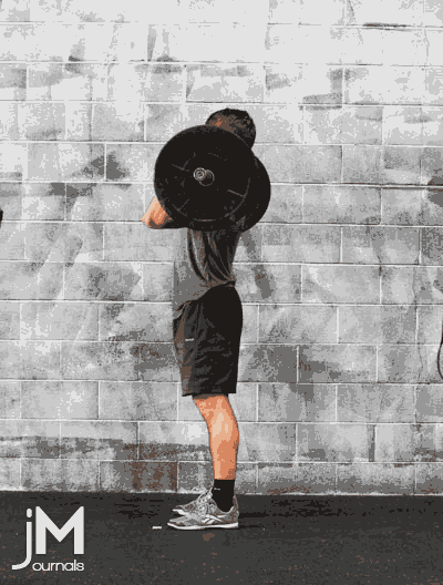 This is a gif animated image of an athlete performing a split jerk olympic weightlifting movement