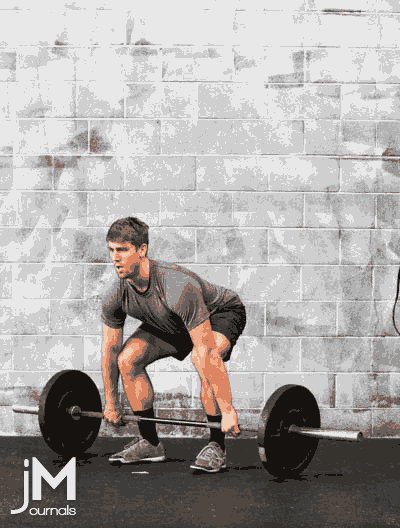 This is a gif animated image of an athlete performing a squat clean olympic weightlifting movement