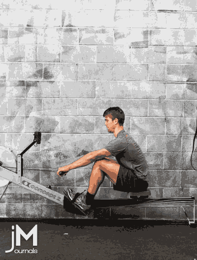 This is a gif animated image of an athlete performing rowing technique on a stationary rower erg