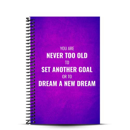 purple and pink fitness journal cover with never too old quote