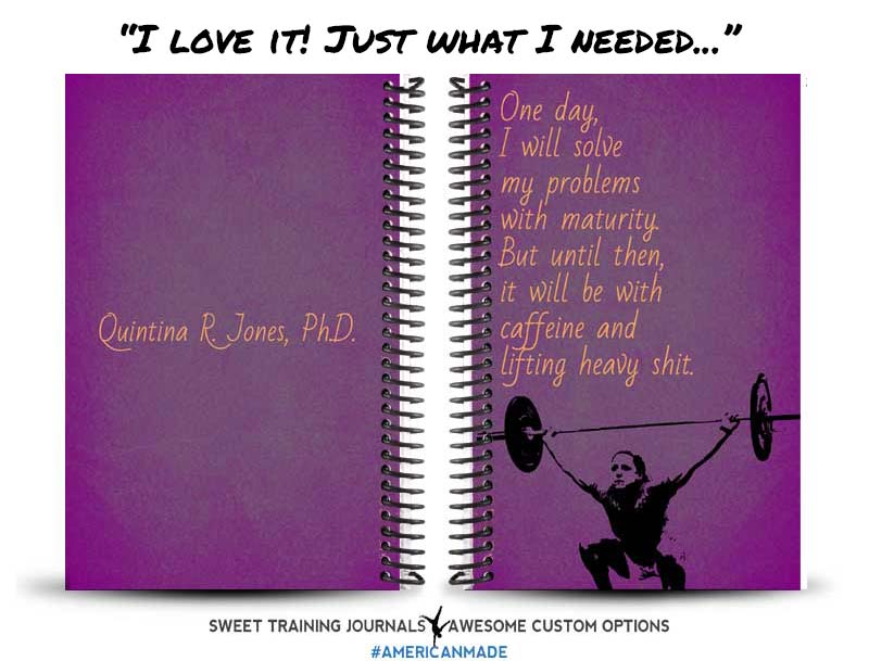 Quintana's purple and gold fitness journal with clipart