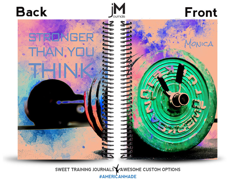 multi colored journal with barbell and blue text