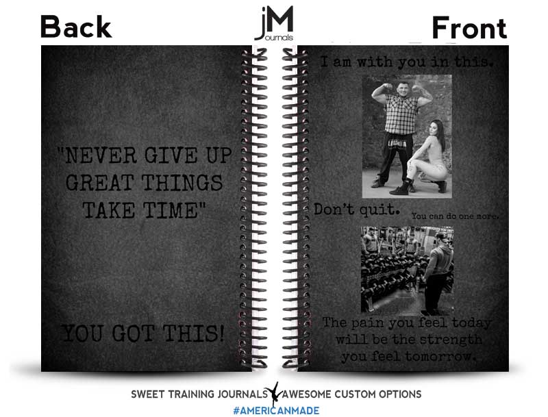 black and white custom weightlifting journal with picture and text