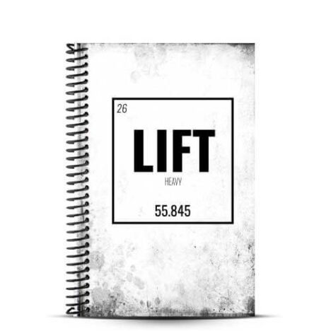 lift heavy quote on weightlifting journal with distressed white cover