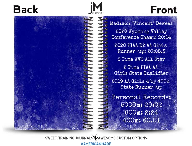 Michael's blue and white custom running journal and training log