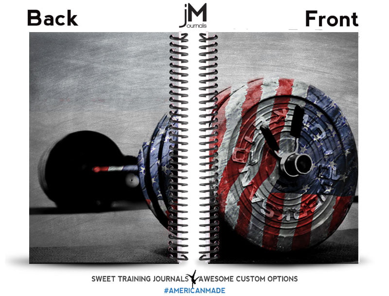 fitness and weightlifting journal with barbell and flag overlay cover