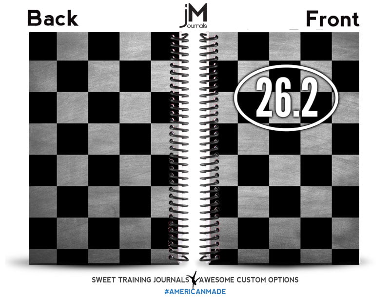 black and white checkerboard cover with marathon graphic on running journal