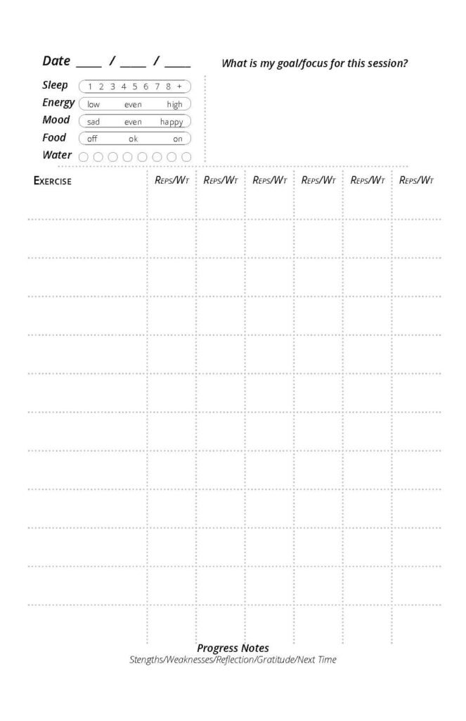 weightlifting journal daily page with large area for stating goal and then light dotted table to record sets and reps