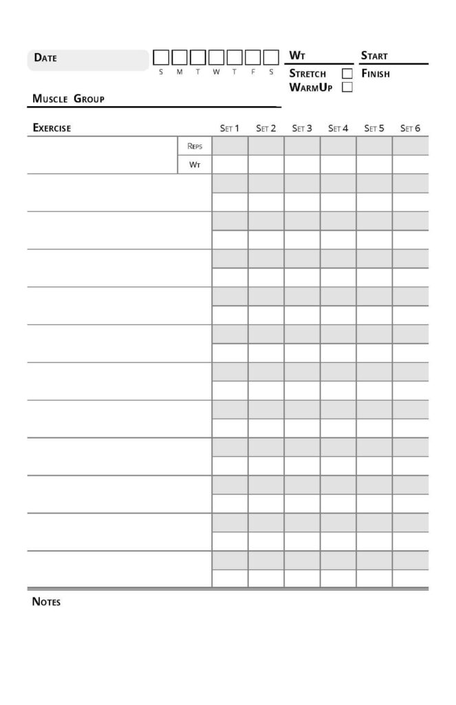 weightlifting journal daily page with muscle group focus and 15 entries for sets and reps