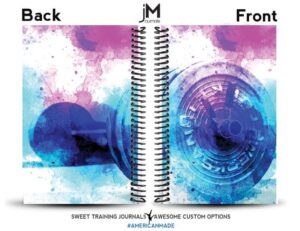 purple and blue weightlifting journal with heavily loaded barbell image on the front and back