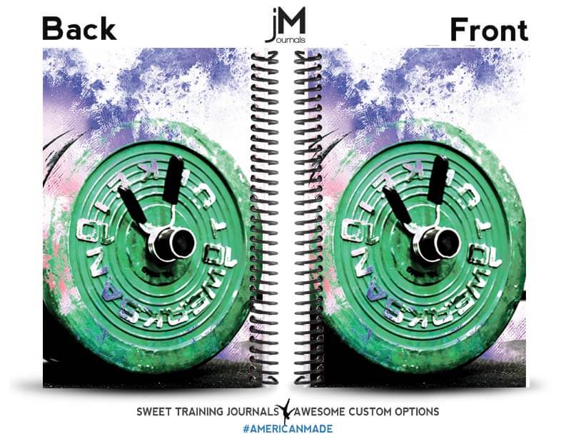 Green and purple weightlifting journal with barbell