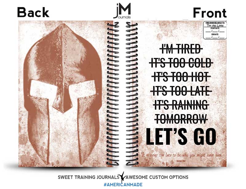 Tims-rust-colored-rock-climbing-journal-with-spartan-helmet-and-lets-go-text