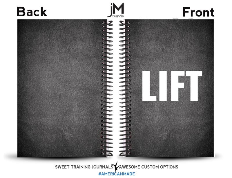 Jim's custom weightlifting journal with black and white cover and word lift on it