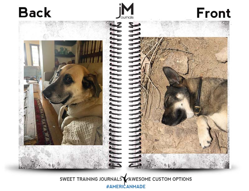 Eli's custom rock climbing journal with dog photos