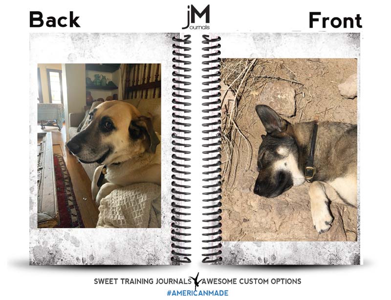 Eli's custom rock climbing journal with dog photos